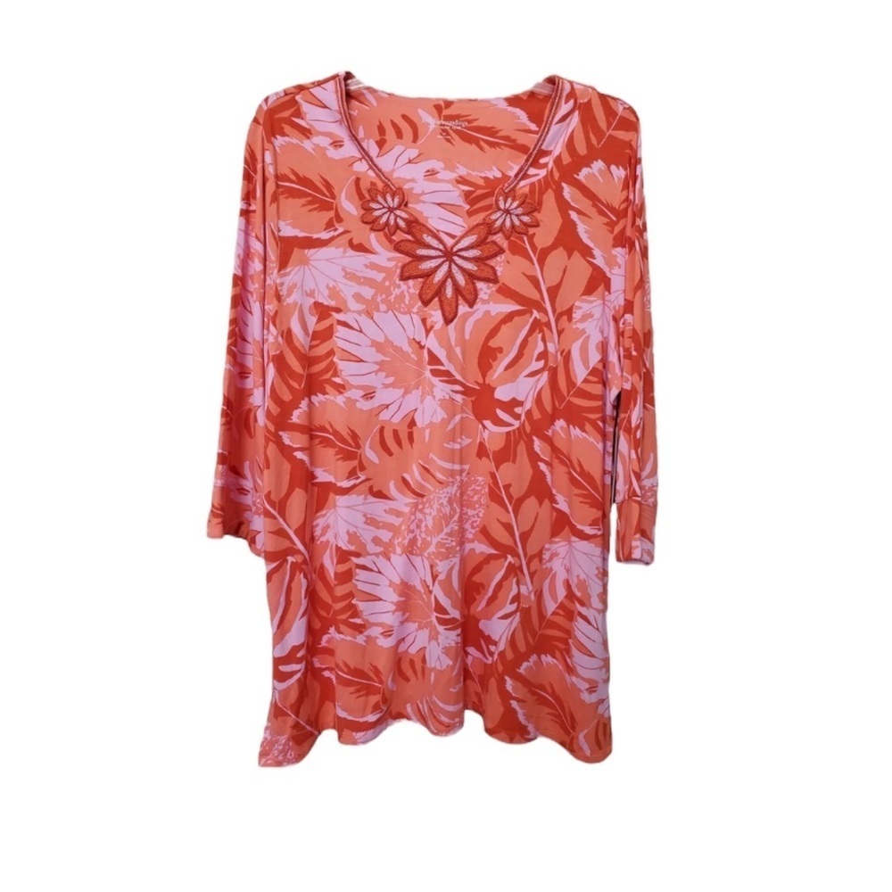 SOFT SURROUNDINGS Tropical Leaves Beaded Del Rio Tunic Blouse in Orange Size Med - Picture 2 of 6